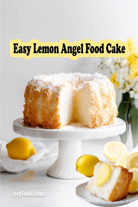 Easy Lemon Angel Food Cake - yeyfood.com Moist Angel Food Cake, Angel Food Cake Icing Glaze, Sour Cream Angel Food Cake, Angel Food Lemon Cake, Angel Food Cake Filling, Best Angel Food Cake Recipe, Lemon Angel Food Cake Recipes, Angel Food Cake And Lemon Pie Filling, Angel Cake Recipe