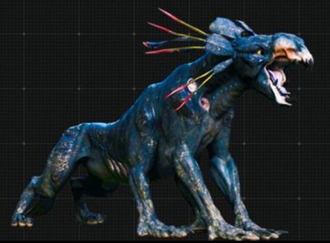 The thanator (Na'vi name: palulukan meaning "dry mouth bringer of fear") is a carnivorous animal native to the forests of Pandora. Although many regions of the moon have yet to be explored, xenobiologists currently believe that it may be the apex land predator on Pandora. Reminiscent of a Terran panther or lion, or the extinct inostrancevia, this enormous, powerful and ferocious animal is unique in its ability to lord over its territory and strike fear into other largest and fiercest of Pandora' Avatar Navi Animals, Thanator Avatar Concept Art, Creatures Of Pandora, Avatar Pandora Creatures, Thanator Avatar Art, Palulukan Avatar, Pandora Animals Avatar, Avatar Animals Pandora, Thanator Avatar