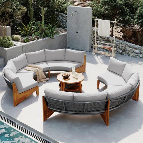 PRICES MAY VARY. ⛱️【Special Half Moon Design】Included a four-seater sofa that together creates a unique semicircular lounge. The pillows add a touch of elegance and style to your patio, garden, backyard, porch, sunroom, or pool. ⛱️【Multiple Possibilities】Whether arranged together or used separately, this patio sectional set provides a comfortable experience for you and your guests. With our exclusive throw pillows, the half-moon outdoor furniture offers extra support and comfort outdoors even in Rounded Patio Furniture, Mcm Outdoor Patio, Round Outdoor Couch, Round Patio Furniture, High End Outdoor Furniture, Oversized Outdoor Chair, Patio Sofa Outdoor, Comfy Outdoor Furniture, Curved Outdoor Sofa