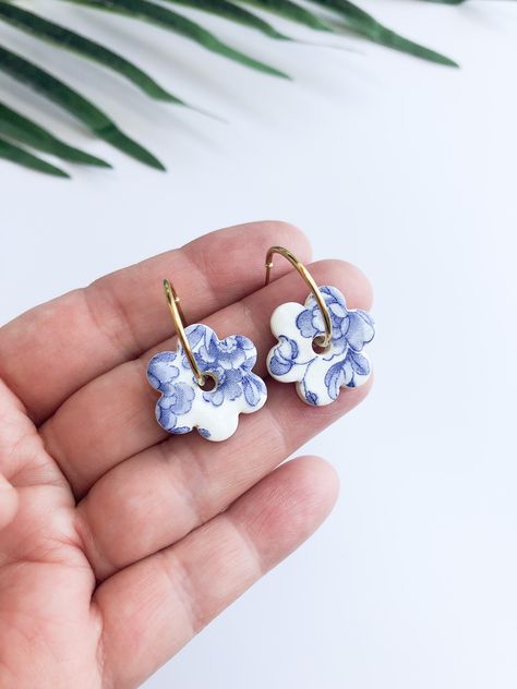 Infinite Jewelry, Gold Hooks, Flower Dangle Earrings, Porcelain Earrings, Ceramic Earrings, China Blue, China Style, Delft Blue, Ceramic Earring