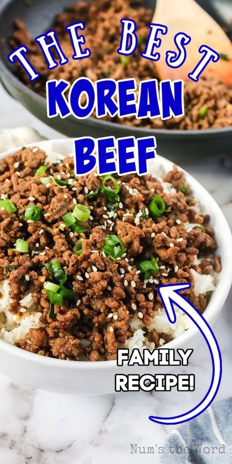 Korean Beef is all the delicious flavors of Asian BBQ whipped up in the comfort of your own home! Super easy and delicious. Spicy Korean Ground Beef, Healthy Korean Beef Recipe, Korean Beef Six Sisters, Cheater Korean Beef, Easy Beef Bowls, Easy Korean Bbq Recipes, Korean Bbq Ground Turkey, Hamburger Asian Recipes, Korean Beef Barbeque