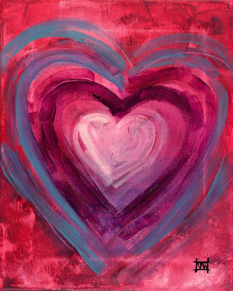 Folk Art Heart, Heart Art Projects, Valentine Art Projects, Heart Canvas, Art Heart, Heart Painting, Valentines Art, Giclee Painting, Heart Images