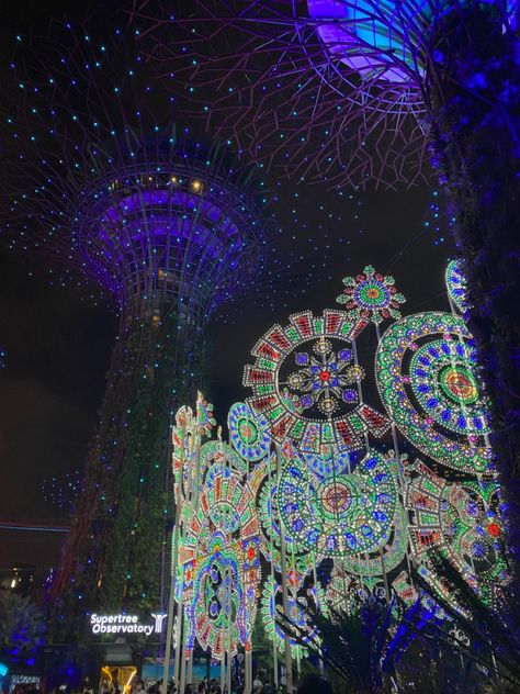 #singapore #christmas #gardensbythebay Aesthetic Singapore, Singapore Christmas, Singapore At Night Aesthetic, Singapore Nightlife, Holiday In Singapore, Singapore Light Show, Ocbc Skyway Singapore, Christmas Vibe, Gardens By The Bay