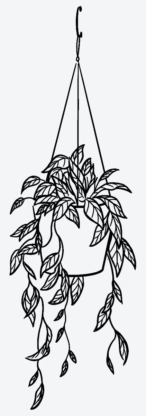 Sketches For Embroidery, Hanging Plant Sketch, Hanging Plants Tattoo, Hanging Plant Tattoo, Hanging Plant Drawing, Filler Drawings, Filler Doodles, Houseplant Tattoo, Plant Doodles