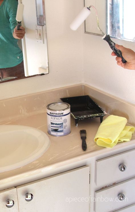 How to paint bathroom countertop & sink, and refinish old formica or laminate vanity top into white or marble finish. Great idea for a super easy budget remodel! - A Piece of Rainbow, D}Y, home improvement, fixer upper, remodeling, before after, modern, farmhouse, boho, interior design, transformation Paint Bathroom Countertop, Laminate Vanity, Painting Bathroom Countertops, Painted Vanity Bathroom, Paint Bathroom, Formica Laminate, Countertop Sink, Budget Remodel, Formica Countertops