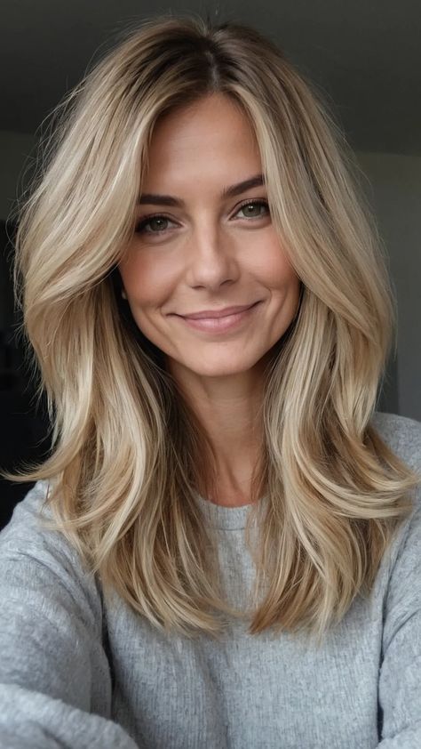 Side Part Medium Length Hair Straight, Long Haircut With Layers Side Part Thick Hair, Mom Haircut Blonde, Side Part With Layers Straight Hair, Old Money Womens Hair, Best Round Face Haircut, Layer Hair Medium, Straight Haircut For Round Face, Long Bob Haircuts Layers