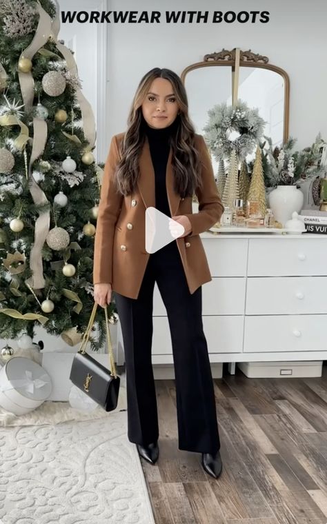 Tan Blazer Outfit, Turtleneck And Blazer, Black Turtleneck Outfit, Leather Boots Black, Turtleneck Outfit, Closet Collection, Trouser Outfit, Tan Blazer, Blazer Outfit