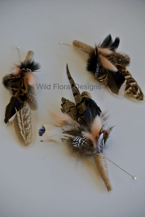 Pheasant feather buttonholes, finished with twine UK. Flower Bouquet With Feathers, Wedding Pheasant Feathers, Pheasant Feather Decor Wedding, Pheasant Feathers Wedding, Turkey Feather Bouquet, Turkey Feather Wedding Decor, Pheasant Boutonniere, Pheasant Feather Centerpieces, Pheasant Feather Bouquet