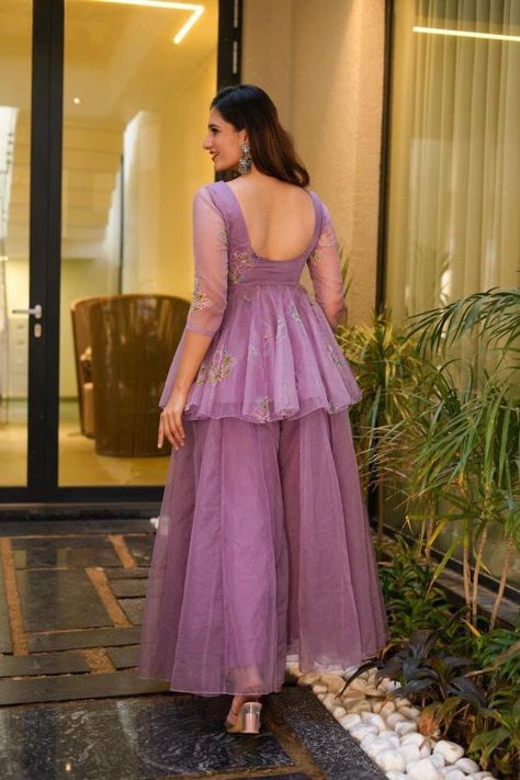 LAVENDER ORGANZA EMBROIDERED KURTA PALAZZO SET Lehenga Casual, Kurta Palazzo Set, Stylish Kurtis Design, Long Frock Designs, Trendy Outfits Indian, Long Gown Design, Simple Frocks, Lehenga Designs Simple, Simple Gowns