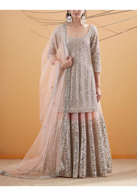 Ivory Chanderi and Net Mirror Embroidered Kurta Set by ABHINAV MISHRA Available at Ogaan Online Shop Lehngas Designs, Mirror Work Sharara, Yellow Sharara, Abhinav Mishra, Pakistani Party Wear Dresses, Shadi Dresses, Western Dresses For Women, Party Wear Lehenga Choli, Velvet Dress Designs