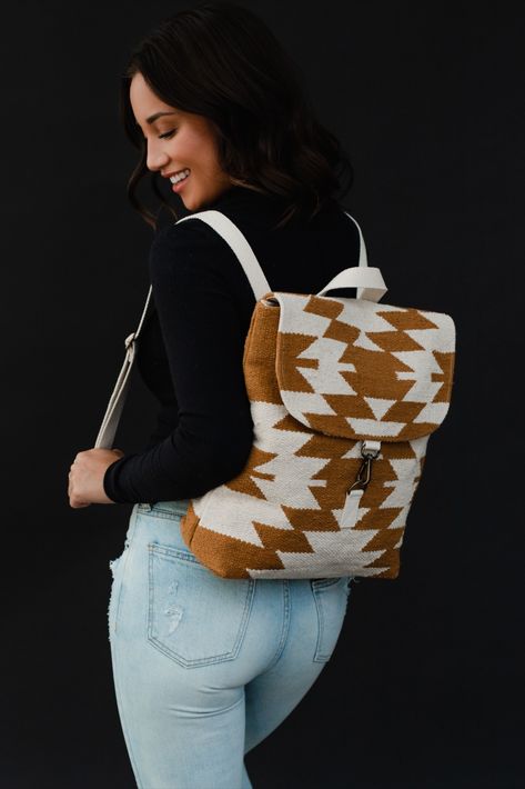 You'll be ready for your everyday outings with our newest backpack collection! This light brown and cream Aztec inspired backpack is just what you need for an upcoming vacation, or for running errands. Western Backpack, Knit Jewelry, Everyday Backpack, Dangle Necklaces, Boho Bag, Aztec Print, Backpack Purse, Womens Backpack, Zipper Pouch