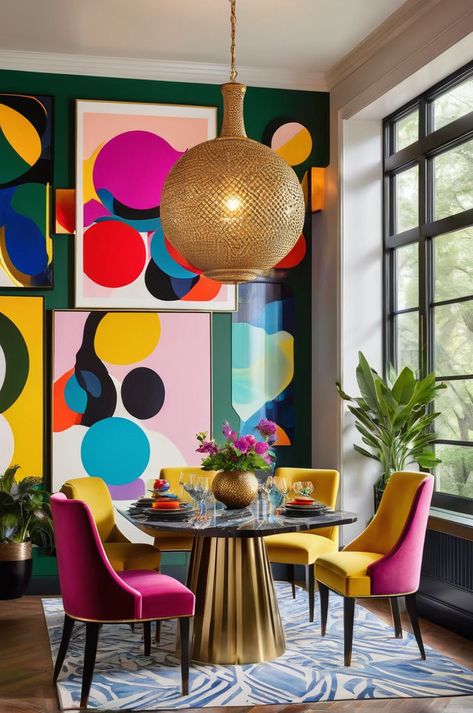 Embrace the bold and beautiful in this maximalist dining space, where vibrant art and unique lighting take center stage. With large windows offering a garden view, this room is a haven for those who love eclectic, eccentric kitchen designs and bohemian vibes. 🌿🖌️ Eccentric Kitchen, Maximalism Interior, Maximalist Kitchen, Unique Dining Room, Bohemian Vibes, Deco Originale, Estilo Art Deco, Bold And Beautiful, Eclectic Home