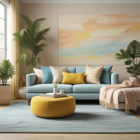 Accent your serene tones with striking pops of light blue,yellow and terracotta colors. Reminiscent of a tropical calm sunset! 🌞 Let your walls tell a story with a daring accent wall and playful artwork that sparks joy. Layer in textures with plush cushions and a statement rug—comfort meets creativity! 🛋️💫 #BoldDesign #LivingRoomVibes #livingroominspo #homeimspo #serenoasis Yellow And Terracotta, Turquoise Couch, Calm Sunset, Playful Artwork, Statement Rug, Terracotta Wall, Sparks Joy, Tell A Story, Light Turquoise