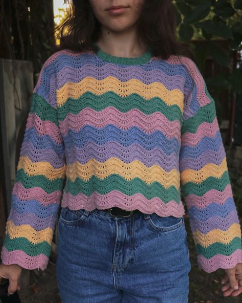 Crochet wavy sweater with colorful stripes Wavy Stripes Pattern, Crochet Multicolor Sweater, Crochet Wavy Sweater Pattern Free, Crochet Wave Sweater, Crochet Ripple Sweater, Crochet Wavy Sweater, Crochet Scrap Sweater, Wavy Crochet Sweater, Wavy Crochet Pattern