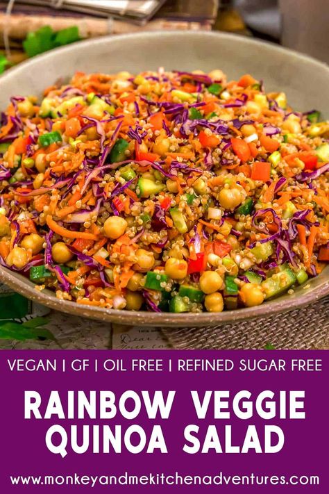 This colorful Rainbow Veggie Quinoa Salad is a delightful blend of quinoa and veggies, all tossed in a tasty Asian-inspired peanut dressing. #wholefoodplantbased #vegan #oilfree #glutenfree #plantbased | monkeyandmekitchenadventures.com Wfpb Salad, Plant Based Foods List, Vegan Salad Bowl, Veggie Quinoa Salad, Veggie Quinoa, Monkey And Me Kitchen Adventures, Monkey And Me, Vegan Quinoa Salad, Oil Free Vegan Recipes