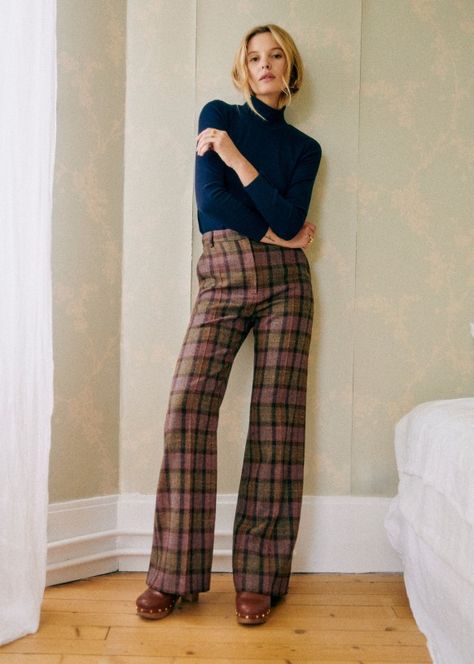 Matheo Trousers - Ecru - Recycled polyester - Sézane Sezane Outfits, Checked Trousers Outfit, Plaid Trousers Outfit, Womens Dressy Pants, Colored Pants Outfits, Mum Wedding, Plaid Pants Outfit, 2023 Mood, Unique Pants