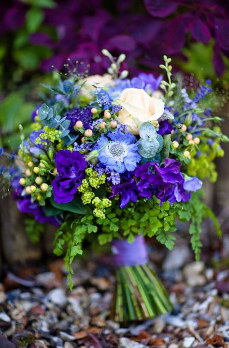 Vivid blue and purple bouquet.. shout out to the blue scabiosa and thistle ~ we ❤ this! moncheribridals.com Bouquet Champetre, Bridal Bouquet Blue, Purple Wedding Bouquets, Bouquet Bride, Wedding Colors Purple, Blue Wedding Flowers, Blue Bouquet, Bouquet Of Flowers, Bride Bouquets