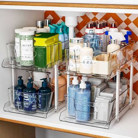 Amazon.com - 2 Set 2 Tier Clear Bathroom Organizers and Storage,MultiUse Slide Out Under Sink Organizer and Pull Out Cabinet Organizer for Kitchen, Pantry, Medication Organizer Storage,Vanity Makeup Organization Medication Organization Storage, Organize Pots And Pans, Vanity Makeup Organization, Sink Organization Bathroom, Medication Organizer, Clever Kitchen Hacks, Creative Storage Ideas, Kitchen Organization Hacks, Under Sink Organizer