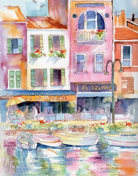 French Paintings Art, Complex Watercolor Paintings, Nice France Painting, France Painting Easy, Watercolor Acrylic Painting, French Watercolor Paintings, Bright Watercolor Paintings, Watercolor Pictures To Paint, European Watercolor