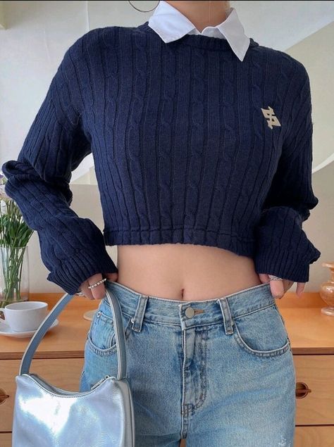 Crop Pattern, Navy Blue Fabric, Crop Sweater, Fabric Medium, Cropped Sweater, Winter Season, Winter Collection, Crochet Bag, Drop Shoulder