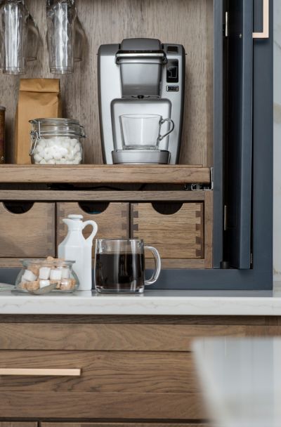 33 Coffee Station Ideas That Will Get You Brewing | Sebring Design Build Coffe Bar In Kitchen, Stained Hickory Cabinets, Bar In Kitchen, Coffee Station Decor, Larder Storage, Drinks Station, White Kitchen Traditional, Coffee Station Kitchen, Diy Coffee Bar