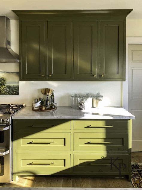 Olive Green Kitchen Cabinets - Painted by Kayla Payne Green Kitchen Cupboards, Olive Kitchen, Olive Green Kitchen, Olive Green Paints, Deco Fruit, Kitchen Cupboards Paint, Rustic Kitchen Cabinets, Green Kitchen Cabinets, Green Cabinets