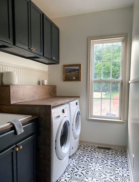 How to Hide Washer and Dryer Hookups - With Love, Yami Blue Beadboard, Dingy Whites, Beadboard Wainscoting, White Laundry Rooms, Laundry Room Renovation, Room Redo, Rooms Reveal, Wood Countertops, Laundry Room Makeover