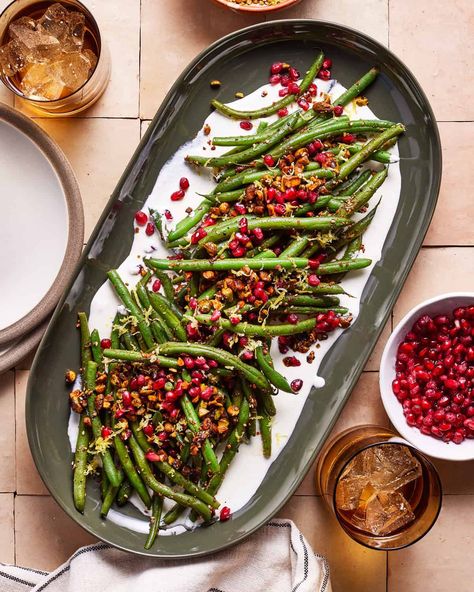 Brown Butter Green Beans with Toasted Pistachios and Lemony Whipped Feta Christmas Green Beans, Butter Green Beans, Toasted Pistachios, Granola Dessert, Traditional Green Bean Casserole, Christmas Vegetables, Green Beans Side, Green Beans Side Dish, Cooking Green Beans