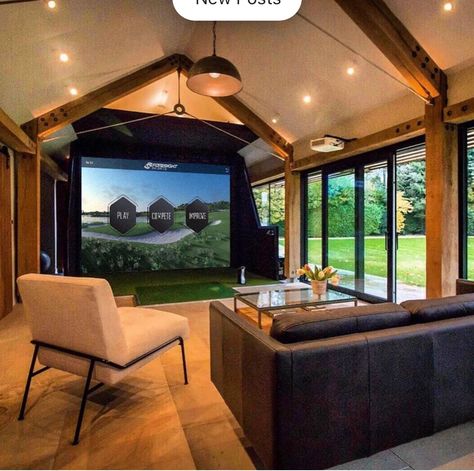 Virtual Golf Room, Residential Golf Simulator Room, Golf Simulator Movie Room, Golf Clubhouse Exterior, Golf Simulator Man Cave, Backyard Golf Simulator, Golf Simulator Shed Design, Home Golf Simulator Room, Outdoor Golf Simulator