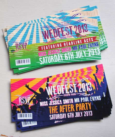 Festival Themed Wedding Invitations for Festival Weddings, Rock n Roll Brides, Bohemian Couples and basically anyone looking for some awesome or alternative wedding stationery. *** There is a minium order number of 50 required for these invites. PLEASE GET IN TOUCH FIRST TO DISCUSS REQUIREMENTS. WEDFEST provides all types of wedding stationery. You can start off with wedding save the dates if needed or just dive straight into your wedding invitations of which there is many options, including our Festival Wedding Invitations, Wedding Fest, Festival Ticket, Music Festival Wedding, Festival Themed Party, Ticket Wedding Invitations, Festival Style Wedding, Festival Themed Wedding, Rock N Roll Wedding