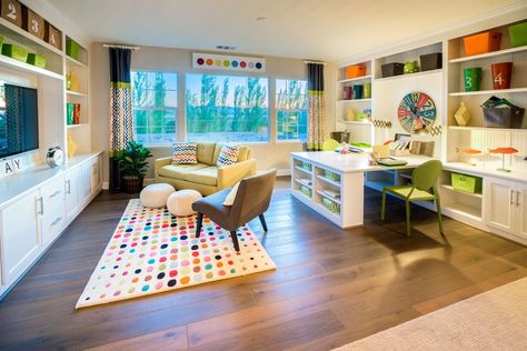 Tv Area For Kids, Playroom With Office Space, Tv Study Room, Office With Playroom, Kids Study And Playroom Ideas, Rumpus Room Ideas Families, Playroom With Piano, Living Room With Study Area, Family Study Room