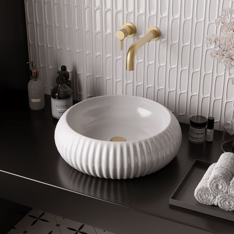 DeerValley 16" Ceramic Circular Vessel Bathroom Sink with Fluted Sides and Overflow - Bed Bath & Beyond - 41040323 Bathroom Design Styles, Wall Mount Sinks, Console Sinks, Glass Vessel Sinks, How To Install Countertops, Pedestal Sinks, Vessel Sink Faucet, Vessel Bathroom Sink, Kitchen Sink Accessories