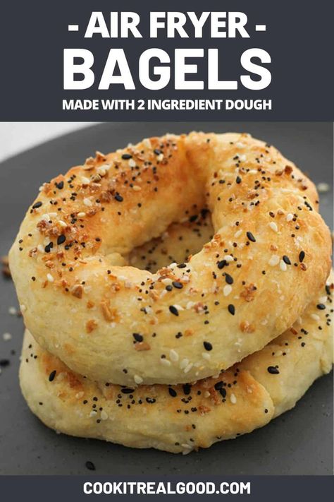 Make delicious air fryer bagels easily at home with two ingredient dough (Greek yoghurt and self-raising flour) - no yeast or proofing required.  These soft and chewy bagels can be enjoyed as is, or fill them with eggs, bacon and cheese for a tasty breakfast sandwich. No Yeast Bagel Recipe, Air Fryer Bagels, Two Ingredient Dough, Bagel Bites, Two Ingredient, Air Fried Food, Bacon And Cheese, Air Fryer Oven Recipes, Tasty Breakfast