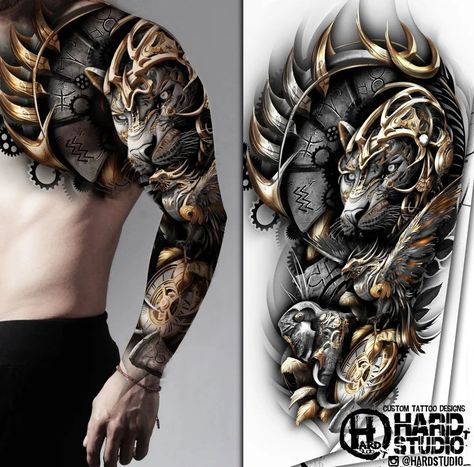 #sleeve #nature #tattoo design #tattoo idea #bng design #tiger #lion #animal tattoo #nice tattoo #pattern #helmet #tattoo idea #hardstudio #sword Biomech Tattoo, Tato 3d, Warrior Tattoo Sleeve, Tiger Tattoo Sleeve, Viking Tattoo Sleeve, Helmet Tattoo, Rune Viking, Wolf Tattoo Sleeve, Ancient Runes