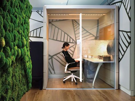 Private and soundproof, office pods and phone booths are designed for both individuals or small groups to minimize disruptions in an open-office plan. Open Office Design, Open Concept Office, Coworking Space Design, Small Office Design Interior, Phone Booth Office, Small Office Design, Cool Office Space, Corporate Office Design, Office Pods