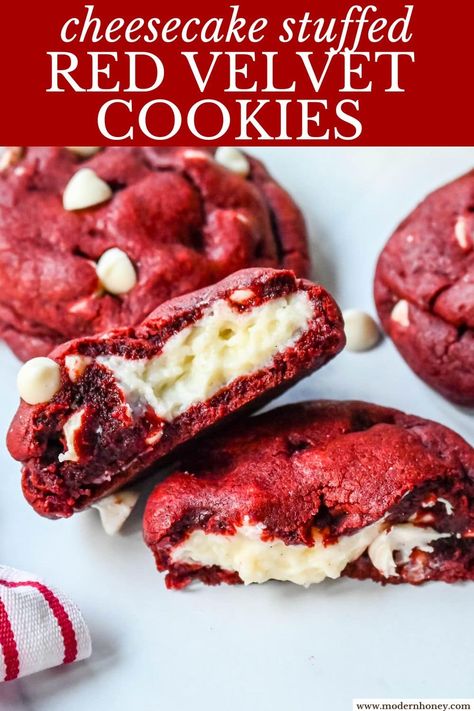 Cheesecake Stuffed Red Velvet Cookies Red Velvet Holiday Cookies, Red Velvet Cheesecake Stuffed Cookies, White Velvet Cookies, Homemade Valentines Desserts, Red Velvet Cookies With Cream Cheese Filling, Red Velvet Hershey Kiss Cookie, Baking With White Chocolate Chips, Best Red Velvet Cookies Recipe, Valentine's Day Recipe