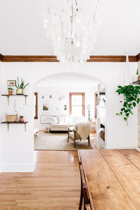 Transitional Farmhouse Living Room, Natural Wood Trim, Living Room Wood Floor, Working With Wood, Homemade Furniture, Revere Pewter, Living Room White, Diy Interior, Wood Trim