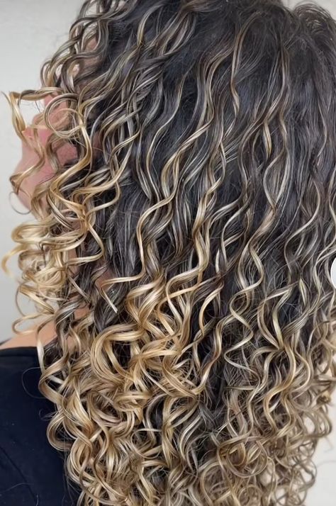 Highlight Ends Of Hair, Blonde Ends Curly Hair, Blond Highlights Wavy Hair, Blond Highlights On Black Hair Curly, Blonde Balayage On Dark Curly Hair, Balayage Curly Hair Natural Curls Dark Brown Blonde Ombre, Foil Blonde Highlights, Curly Balayage Hair Brunettes, Brown Curly Hair With Blonde Highlights