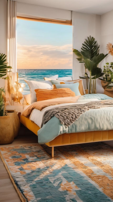 Beach Room Decor Bedroom Summer Theme Bedroom, Beach Bed Rooms, Bright Beach Bedroom, Sunset Themed Room, Room Decor Bedroom Beach, Bedroom Aesthetic Beach, Room Decor Bedroom Pink, Sunset Theme Bedroom, Pink Room Decor Bedroom