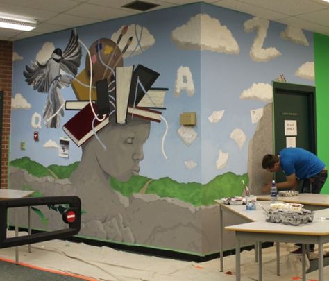 Library Murals, School Library Decor, High School Library, Entry Wall, Kids Room Paint, School Murals, Murals For Kids, School Painting, Wall Drawing