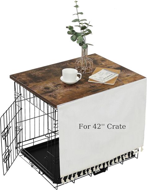 AMAN Dog Crate Topper Wood for 48 42 36 24 inch Cages, Dog Crate Table Topper with Tassel Curtain, Rustic Style Dog Kennel Topper, Yellow Oak(Dog Crate Not Include) Dog Kennel Topper, Kennel Topper, Dog Crate Topper, Crate Topper, Dog Crate Table, Wood Dog Crate, Wooden Dog Crate, Dog Crate Cover, Crate Table