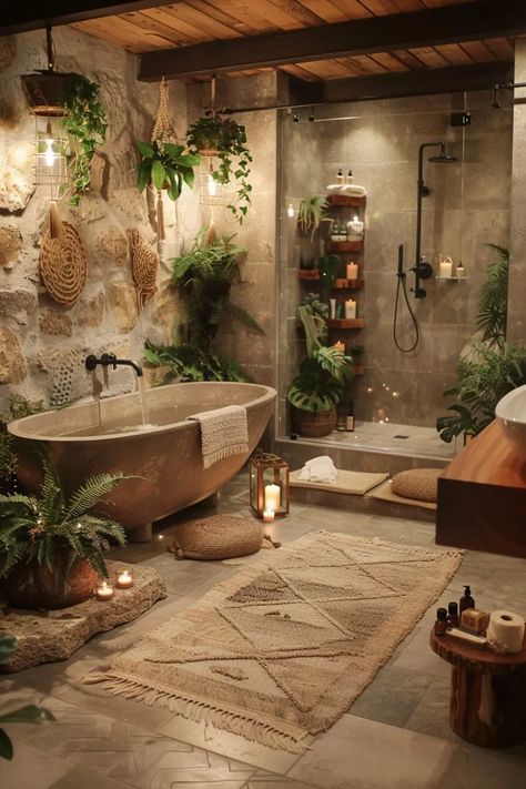 Modern Luxury Bathroom Ideas: 16 Stunning Styles for Your Home Unusual Bathrooms Unique, Farm Shower Bathroom, Bathroom With High Window, Big Bath Aesthetic, Venetian Bathroom Ideas, Farmhouse Luxury Bathroom, Inside Outside Bathroom, Bathroom Cozy Decor, Nature Inspired Master Bath