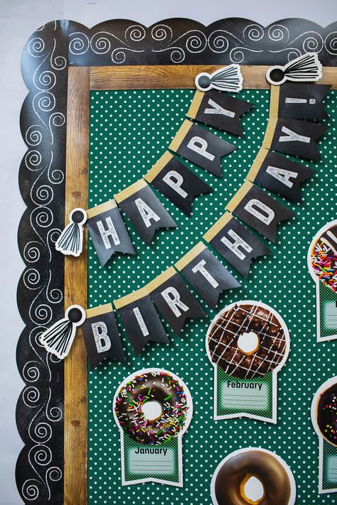 Class Birthday Display, Cafe Classroom, Starbucks Crafts, Birthday Bulletin Board, Birthday Board Classroom, Donut Worry Be Happy, School Art Activities, Bulletin Board Design, Class Birthdays