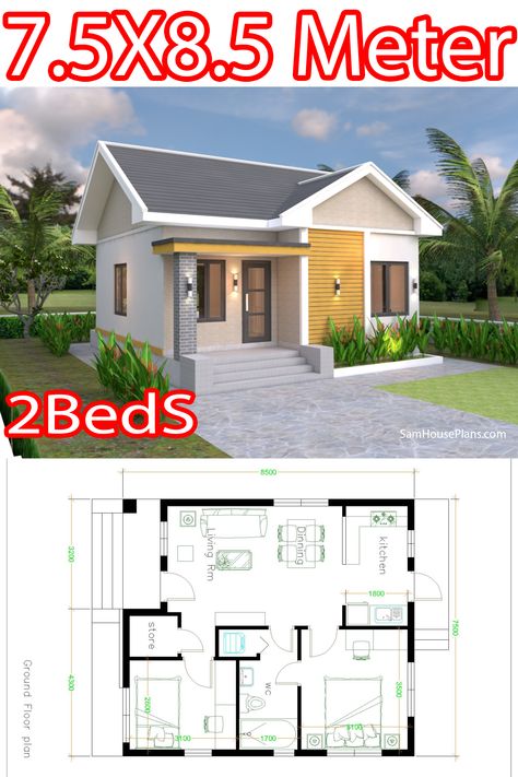 Two Bedroom House Design, Narrow House Designs, House Plans Ideas, Little House Plans, Small House Layout, Two Bedroom House, 2 Bedroom House Plans, Concept Kitchen, Plans Architecture