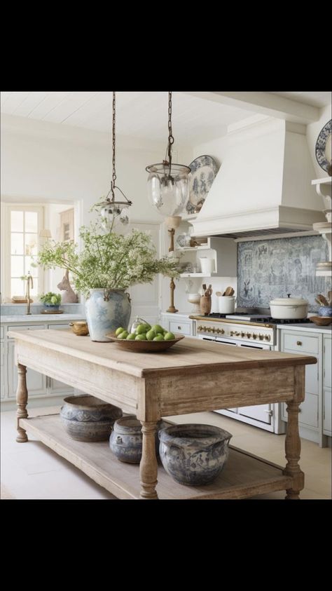 Kitchen Island French, Dairy Table, Farm Kitchen Table, Ballerina Farm, Antique Kitchen Island, Tuscany Kitchen, Table Island, Bakers Table, Country Kitchen Designs