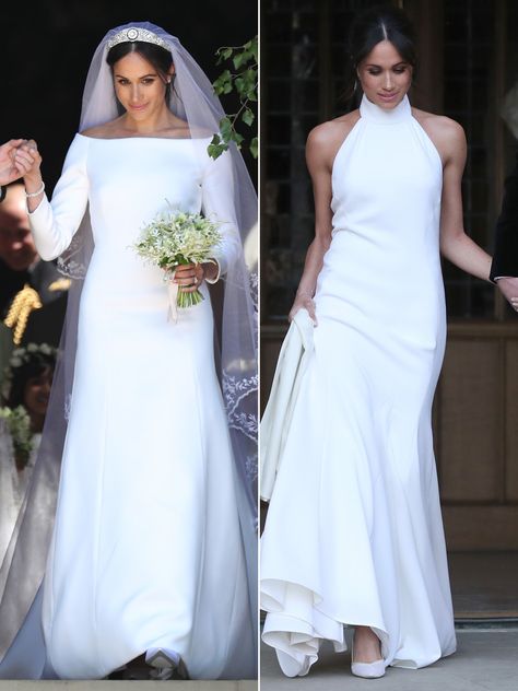 Day to Night! Comparing Meghan Markle's First and Second Wedding Dresses Estilo Meghan Markle, Harry And Meghan Wedding, Princ Harry, Meghan Markle Wedding Dress, Celebrity Wedding Photos, Meghan Markle Wedding, Second Wedding Dresses, Prins Harry, Princess Meghan