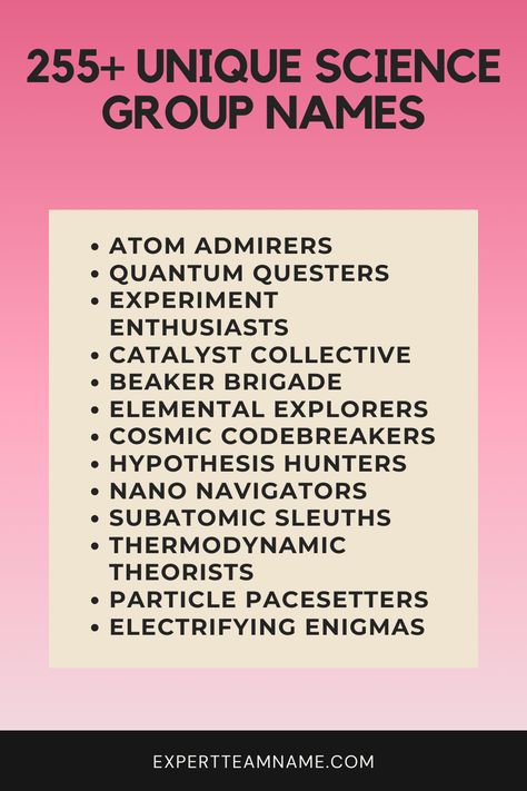 Do you find yourself spending more time trying to come up with a clever name for your science group or club than actually working on science projects? Naming things can be hard – especially when you want a name that perfectly captures the essence of your group’s brilliant minds. Group Names For School Project, Unique Name Ideas, Book Club Names, Group Names Ideas, Group Names, Science Puns, Group Name, Famous Scientist, Science Club