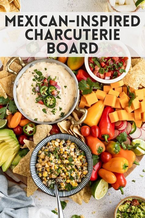 Make this Mexican-Inspired Charcuterie Board for your next party or taco night at home. With several dips, cheeses, and fresh veggies, you'll love this perfect spread of texture and flavor that's easily customizable. Mexican Fiesta Grazing Table, Southwest Charcuterie Board, Charcuterie Mexican Board, Jamaican Charcuterie Board, Fiesta Charcuterie Board, Mexican Charcuterie Cups, Mexican Cheese Board, Charcuterie Board Ideas Mexican, Charcuterie Board Taco