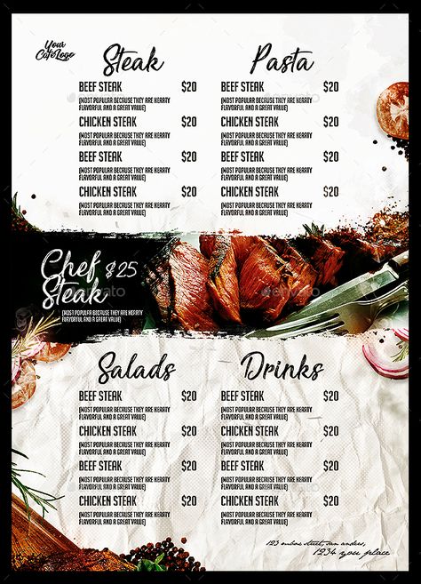 Steak House Menu #Affiliate #Steak, #spon, #House, #Menu Steak Menu Ideas, Steak House Design Restaurants, Steak Logo Design, Ribs Grill, Steak House Menu, Design Produk, Steak Menu, Menu Board Design, Steak Pasta