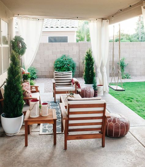 cozy outdoor arizona backyard Blue Patio Furniture, Patio Furniture Layout, Backyard Patio Furniture, Small Patio Furniture, Arizona Backyard, Outdoor Drapes, Outdoor Curtains For Patio, Backyard Layout, Patio Layout